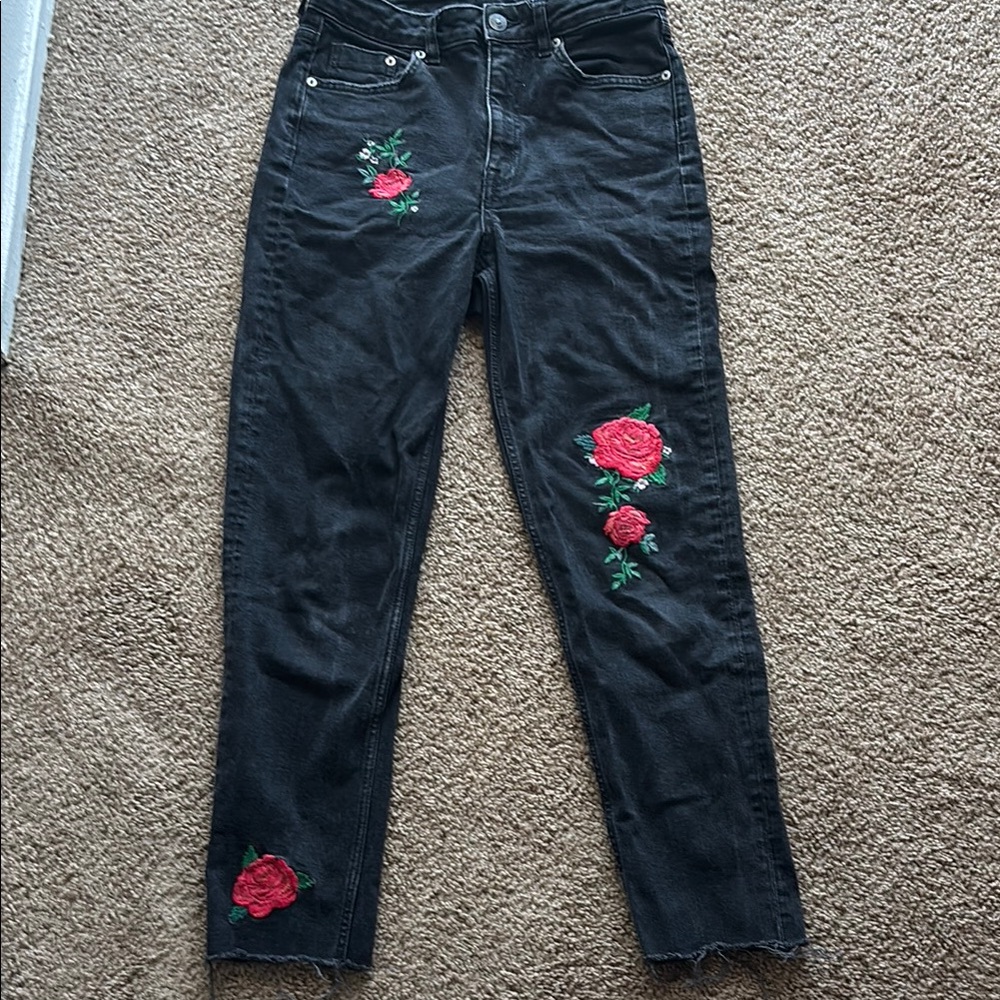 Embroidered Black Jeans with Red Floral Design